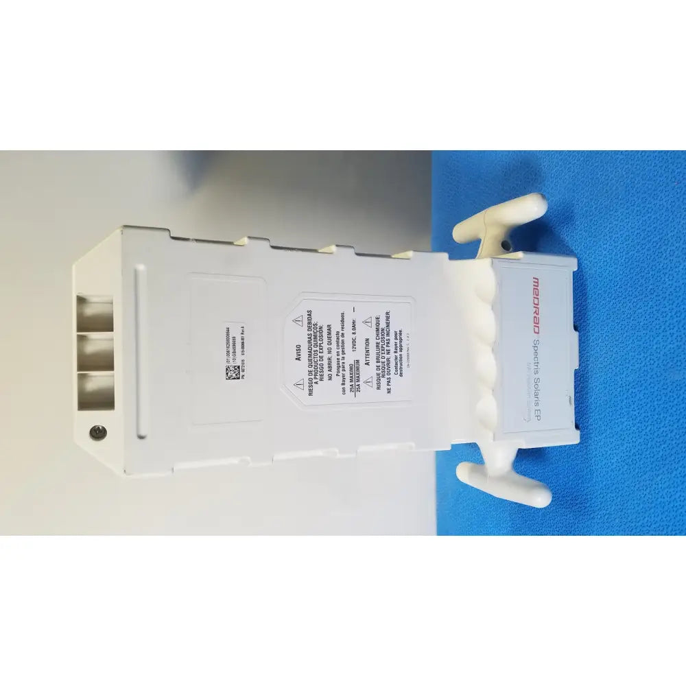 White medtronic spectra sustain ep battery with molded plastic housing and handles for medrad spectris solaris mr injection system