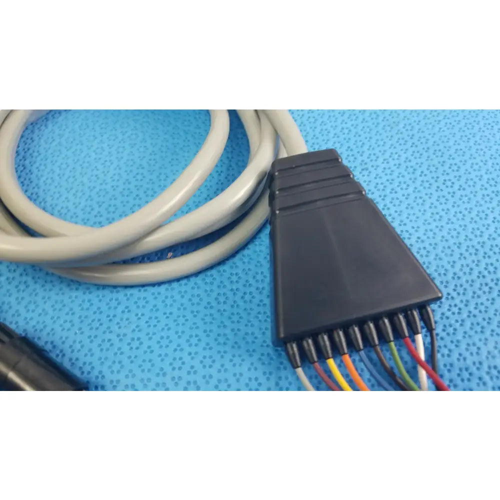 Black plastic connector with multicolored wires attached to coiled gray cable for medtronic 2achc catheter ecg medical equipment