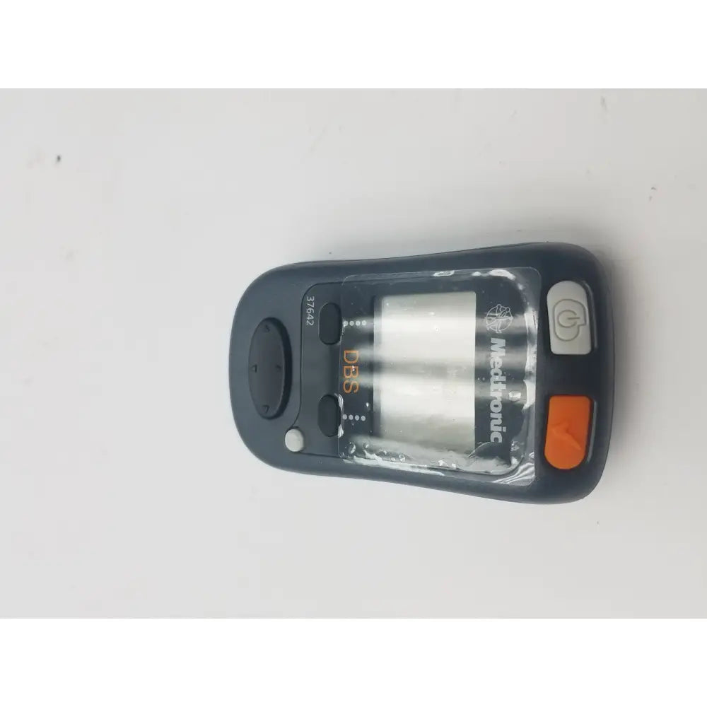 Black metronic dbs handheld barcode scanner with orange power button and clear cover for dbs patient programmer use