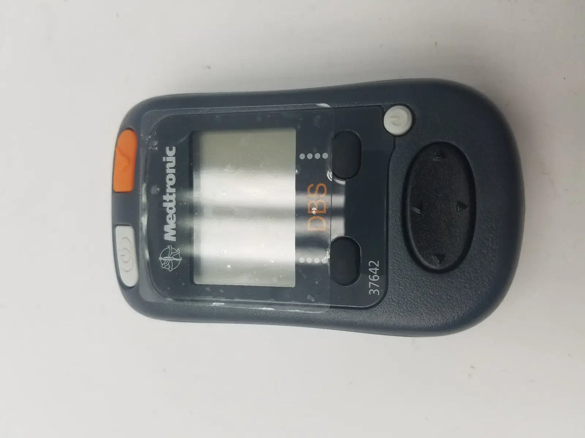 Black medtronic 37642 dbs patient programmer with orange and gray buttons for dbs patient device control