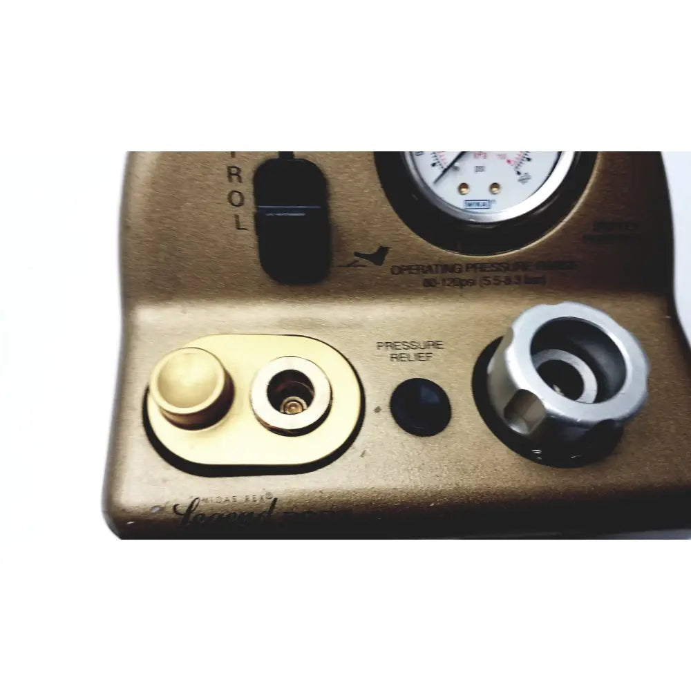 Bronze-colored metal control panel with pressure gauge and knobs for medtronic midas rex legend gold pneumatic drill foot control unit