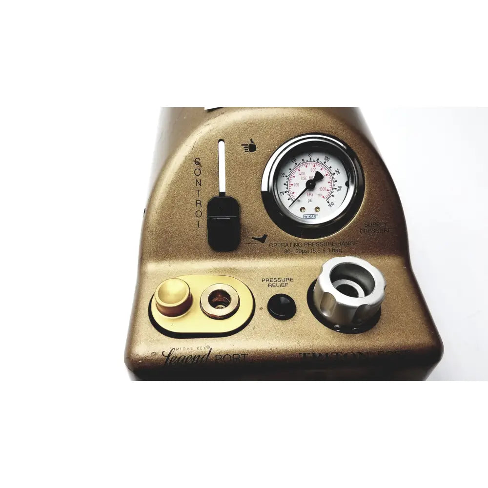 Bronze midas rex legend gold pneumatic drill foot control unit with circular gauge black control switch and metallic knobs