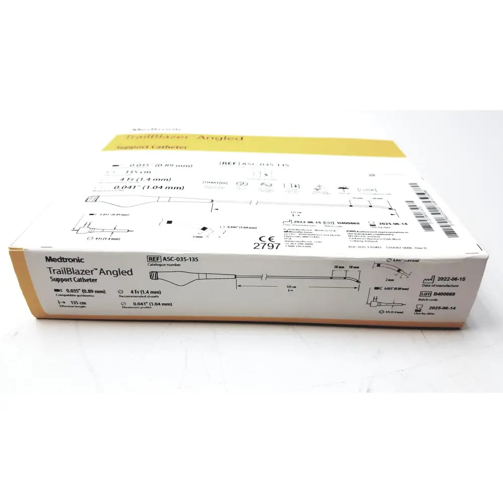 Medtronic acs-035-135 trailblazer angled support catheter in white and yellow box designed for reuse medical procedures
