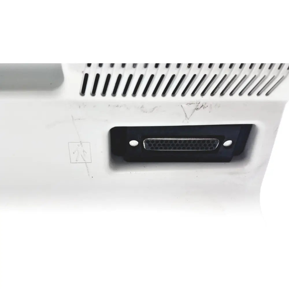 Black dvi-i digital video port on white plastic casing of medtronic nim-response 3.0 reuse medical device back side