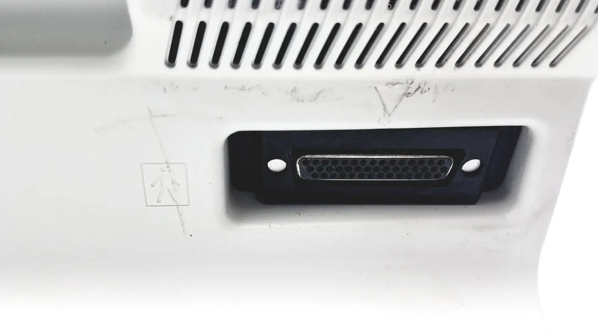 Black dvi-i digital video port on white plastic casing of medtronic nim-response 3.0 reuse medical device back side