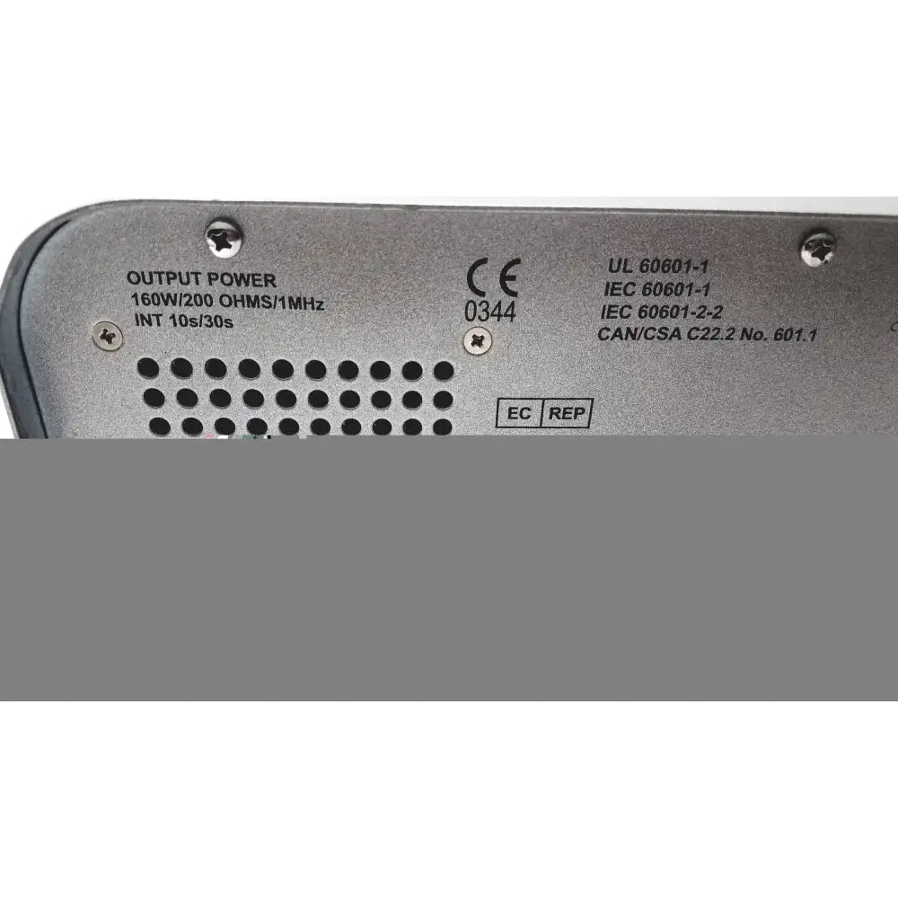 Silver metallic medtronic peak plasmablade pulsar ii generator with perforated grille and certification markings