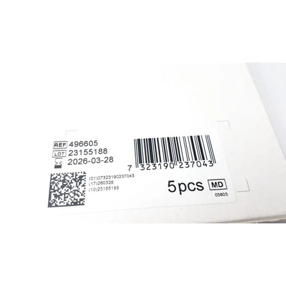 White cardboard box of mepilex border post-op dressing with printed label featuring barcode qr code and reference numbers