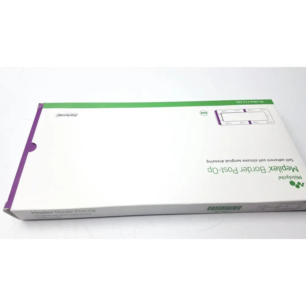 White and purple box of mepilex border post-op dressing with soft adhesive silicone for surgical wound care
