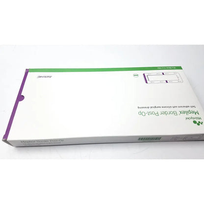 White and purple box of mepilex border post-op dressing with soft adhesive silicone for surgical wound care
