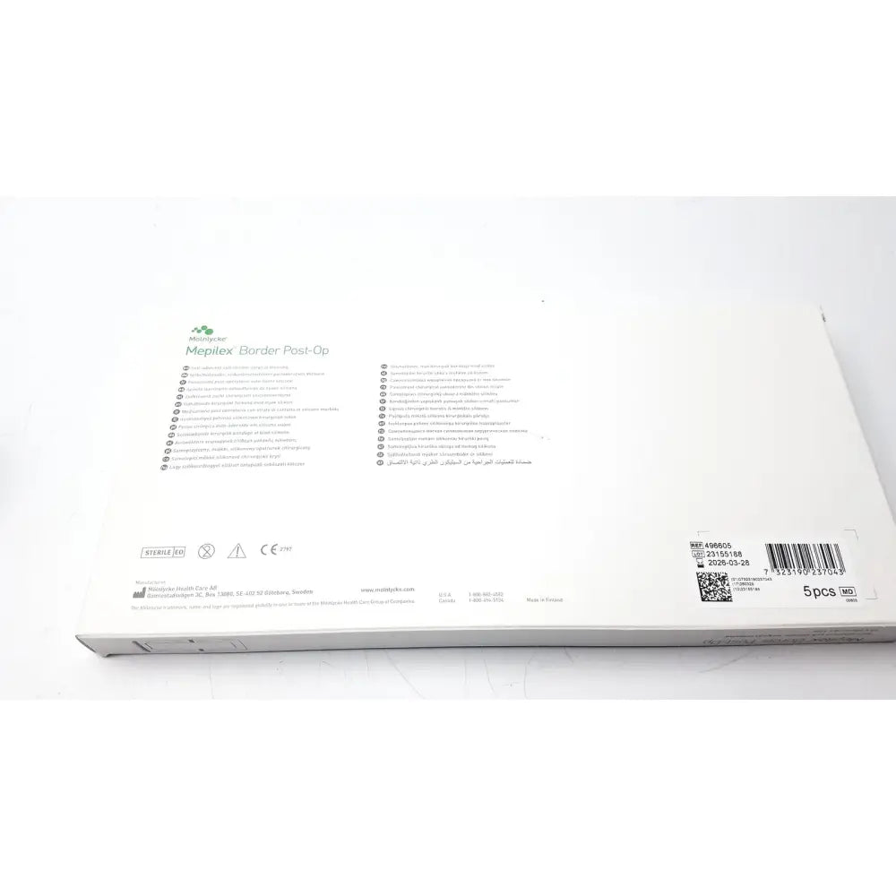 White cardboard box of mepilex border post-op dressing sterile medical dressing ref-496605 packaging displayed