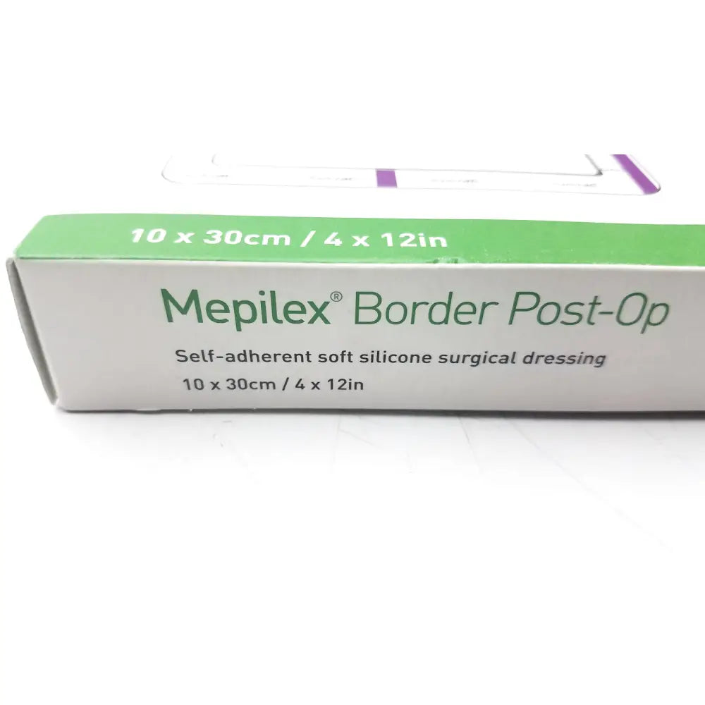 Green and white box of mepilex border post-op dressing featuring self-adherent soft silicone surgical dressing