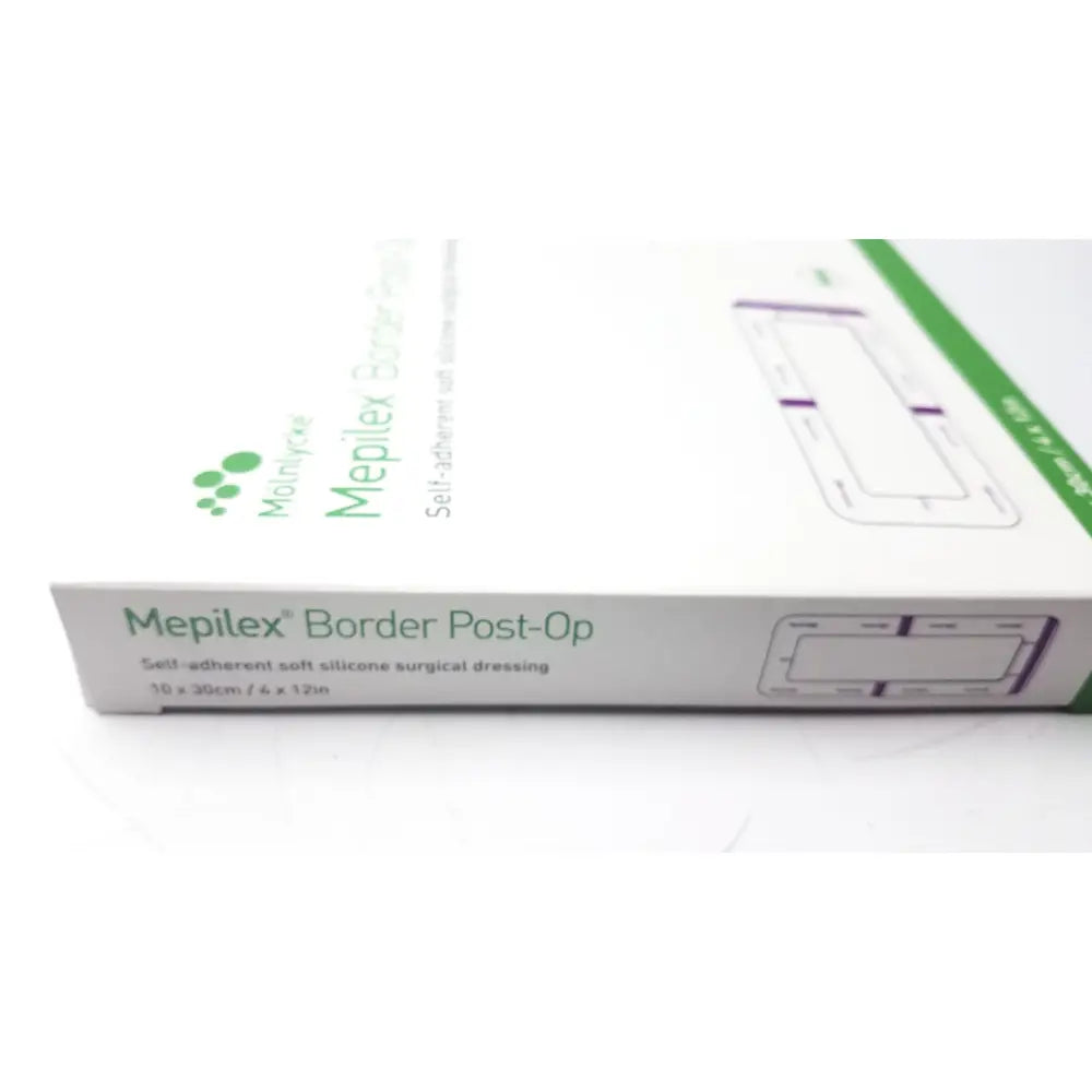 White cardboard box of mepilex border post-op dressing with self-adherent soft silicone for surgical use