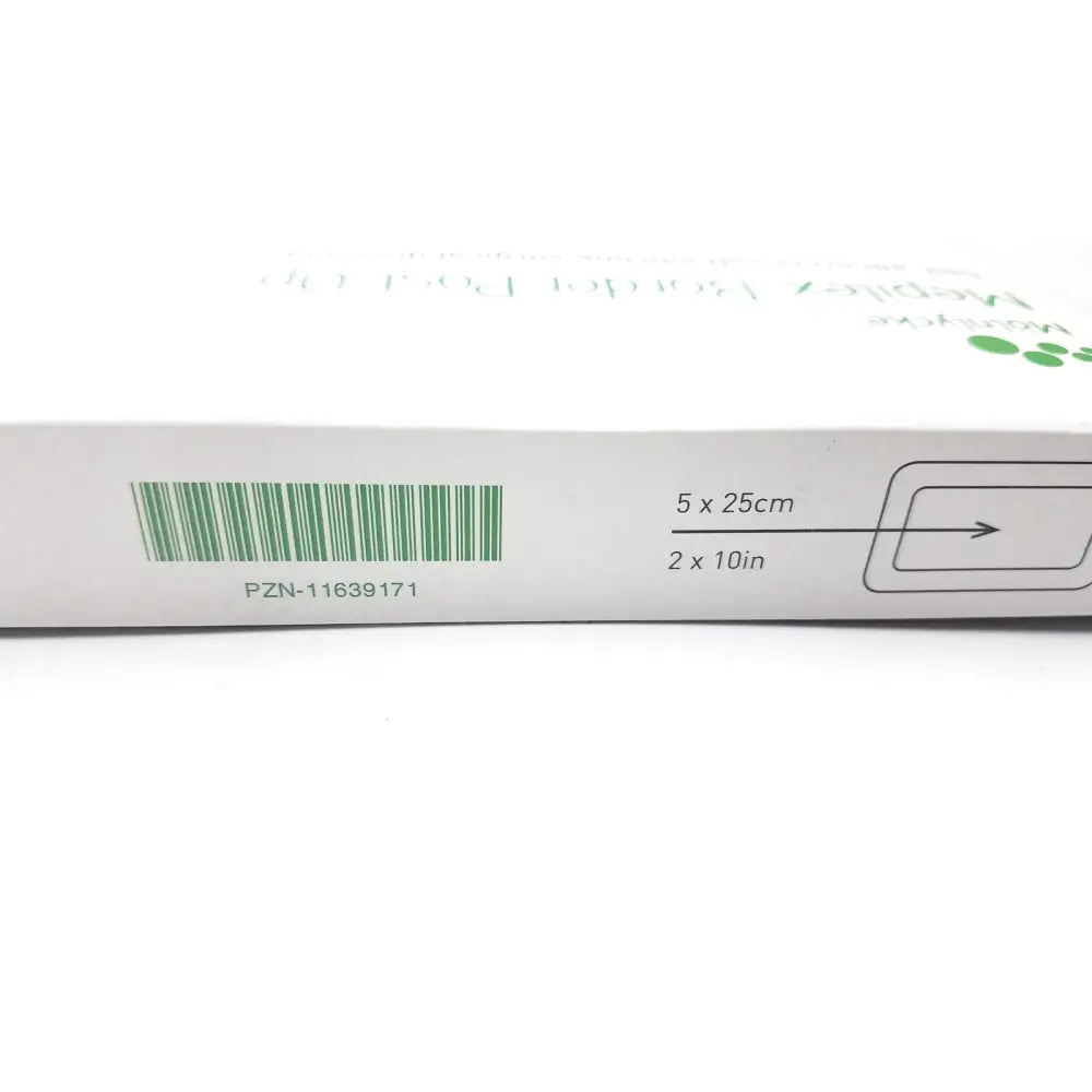 White cardboard box for medline mepilex border post-op dressing with green text and barcode ref 496605 back side