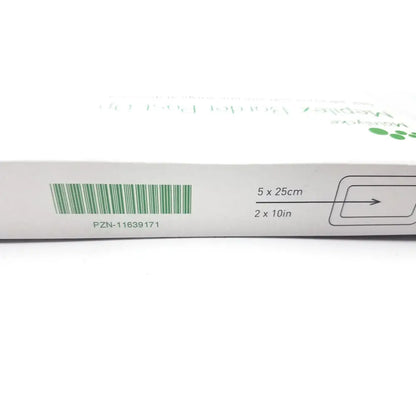 White cardboard box for medline mepilex border post-op dressing with green text and barcode ref 496605 back side