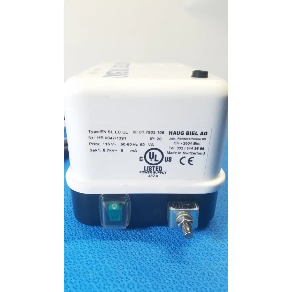 White and navy blue mettler toledo haug static eliminator power supply with green led labeled listed power supply 46za