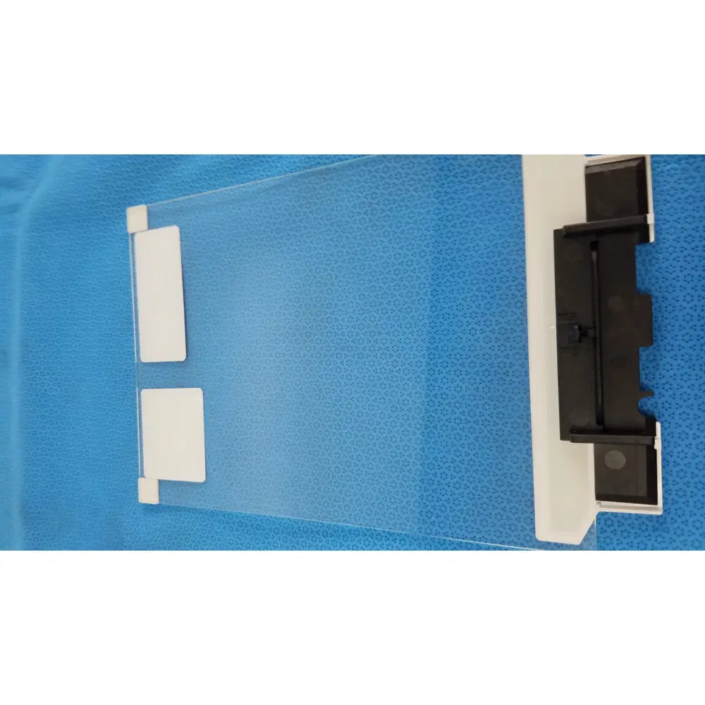 Clear plastic conducting glass draft shield with white adhesive strips and black bracket for mettler toledo xp205