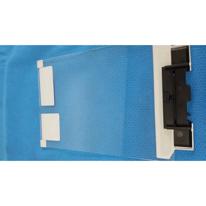 Clear plastic conducting glass draft shield with white adhesive strips and black bracket for mettler toledo xp205