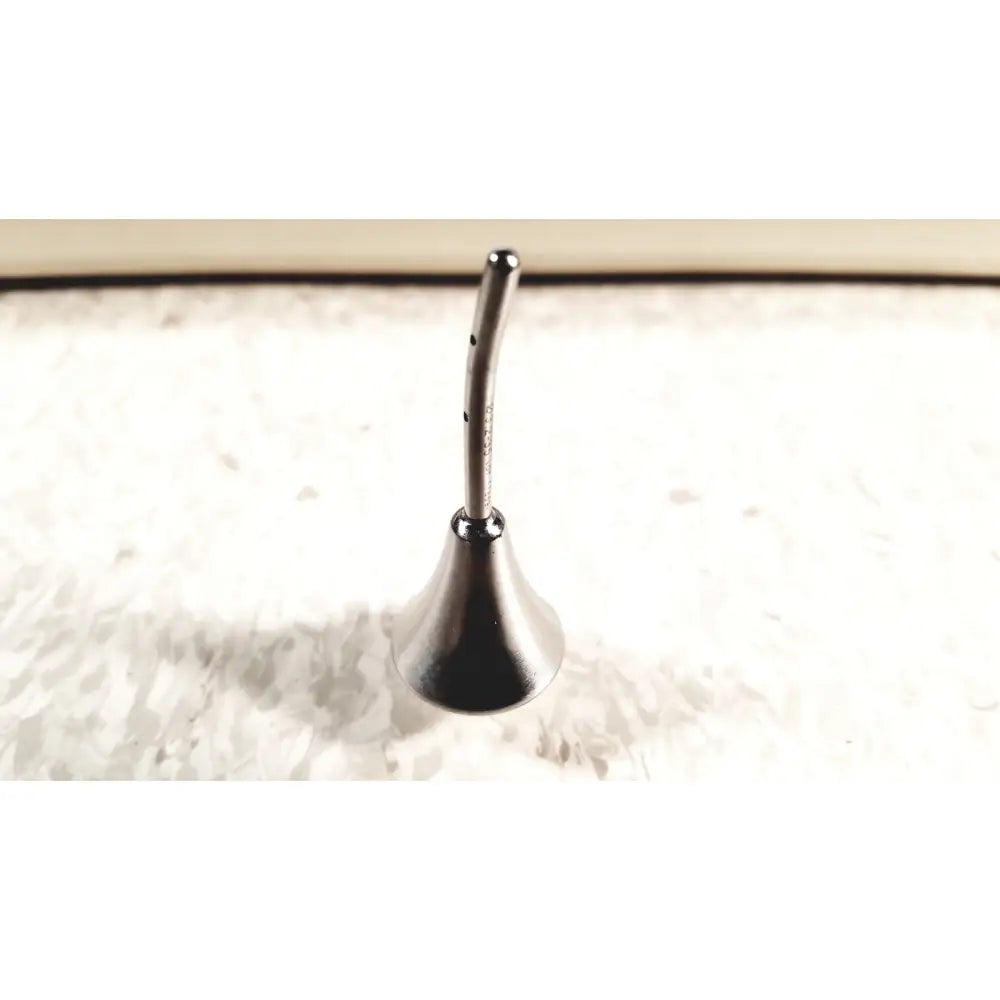 Silver-colored metal nozzle with curved slender stem and flared base of mhi instruments minilap uterine manipulator
