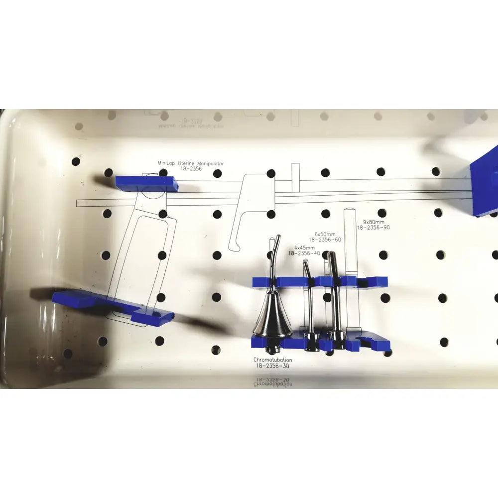 Blue plastic tray holding mhi instruments minilap uterine manipulator surgical instruments for chromotubation procedures