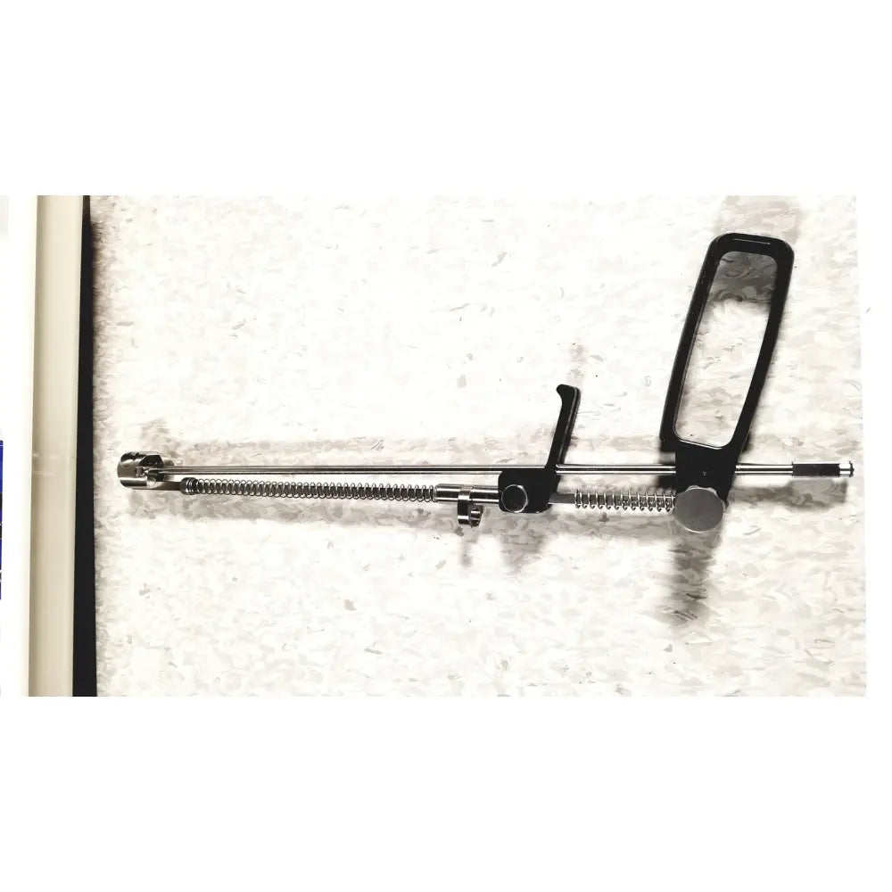Black and silver mhi instruments minilap uterine manipulator with long metallic shaft and ergonomic handle for chromotubation