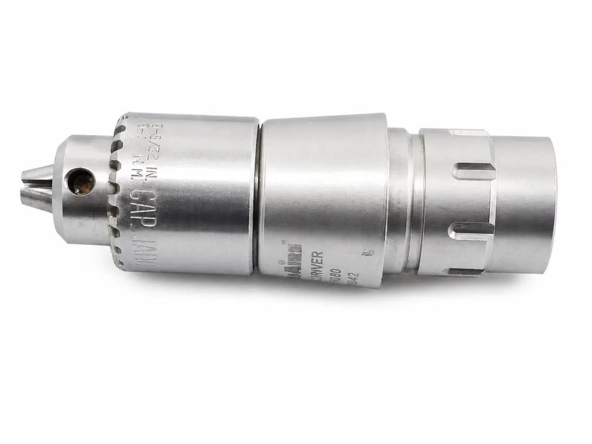 Silver metallic MicroAire 6680 jacobs driver chuck module with machined body and engraved markings for surgical use
