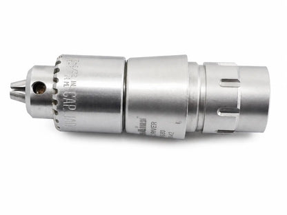 Silver metallic MicroAire 6680 jacobs driver chuck module with machined body and engraved markings for surgical use