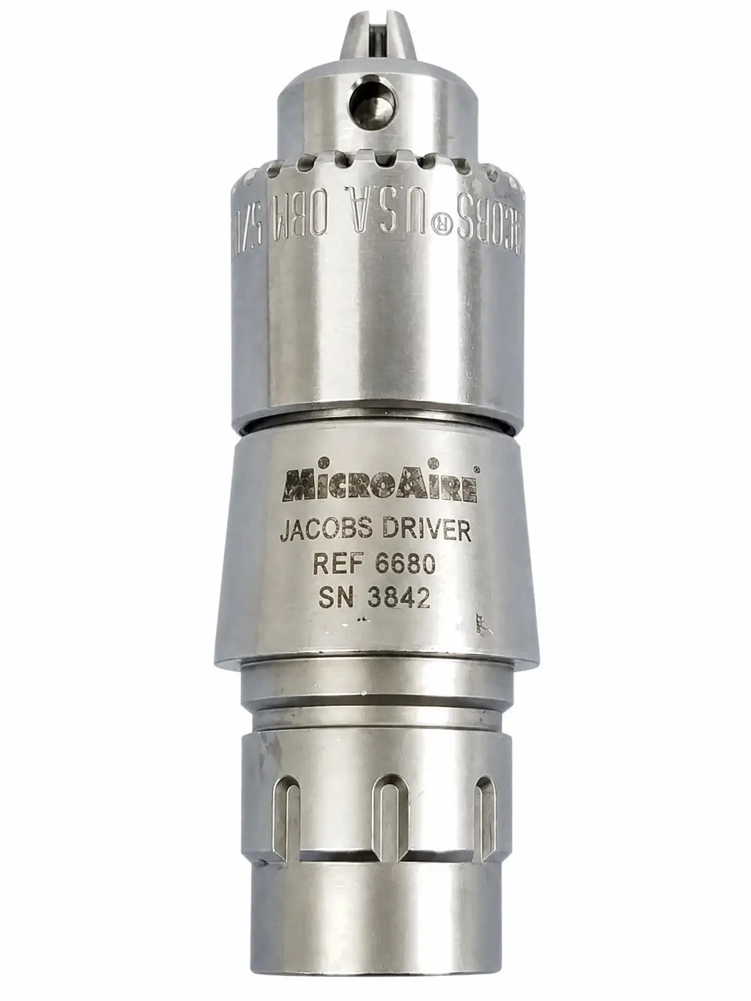 Silver metallic microaire jacobs driver chuck module with polished finish and engraved branding for orthopedic use