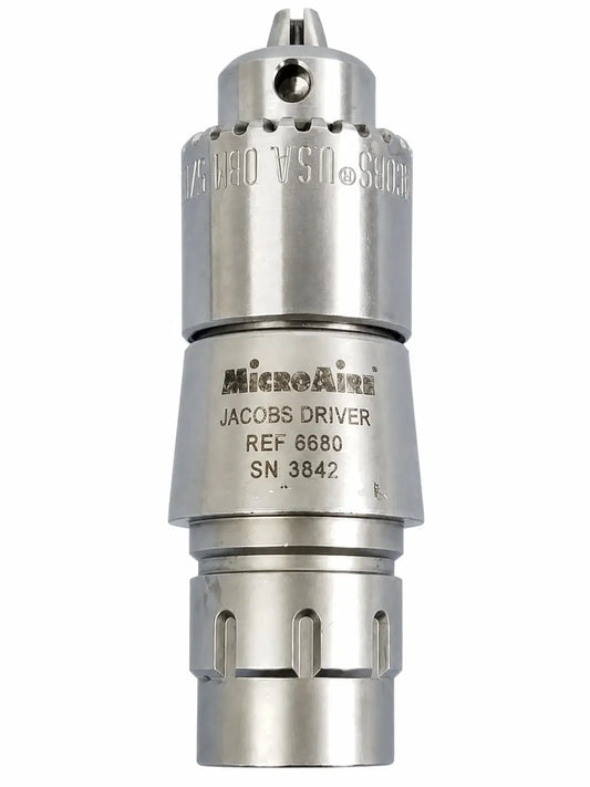 Silver metallic microaire jacobs driver chuck module with polished finish and engraved branding for orthopedic use