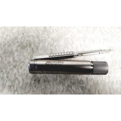 Black microair electric motor 7 with textured grip and silver tool attached from microaire surgical instruments set