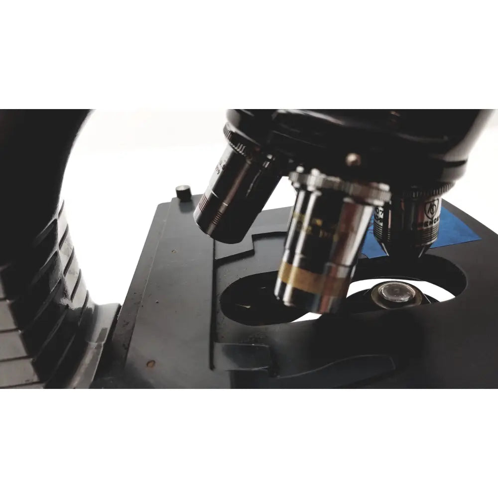 Black metal microscope american optical spencer with chrome accents and adjustable lenses for precision viewing