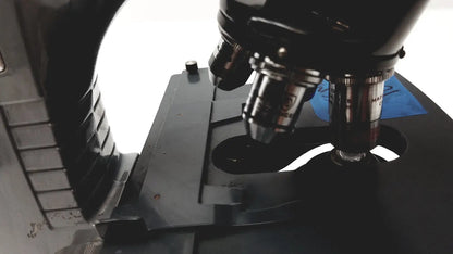 Microscope american optical spencer black metal with silver-tipped objective lenses and blue label on the stage