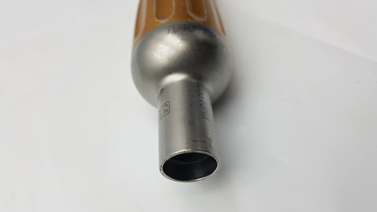 Close-up of the orange-handled stainless steel heat gun nozzle on the midas rex legend 1000 rpm ad03 perforator driver