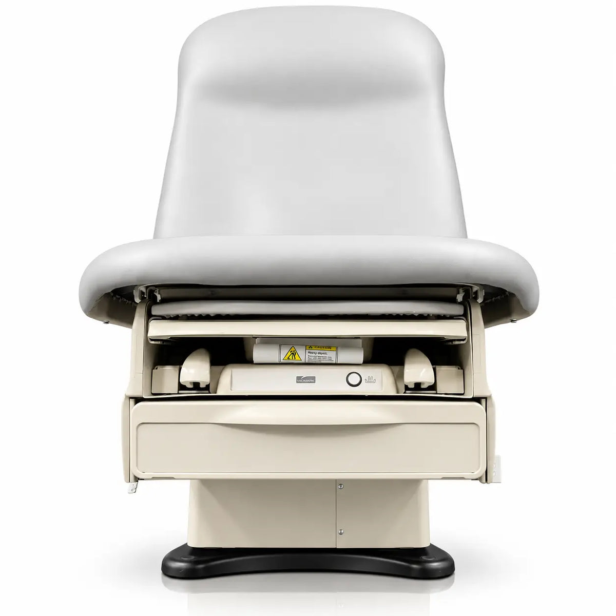 Beige Midmark 625 barrier-free power exam table with padded curved backrest and wired control examination table platform