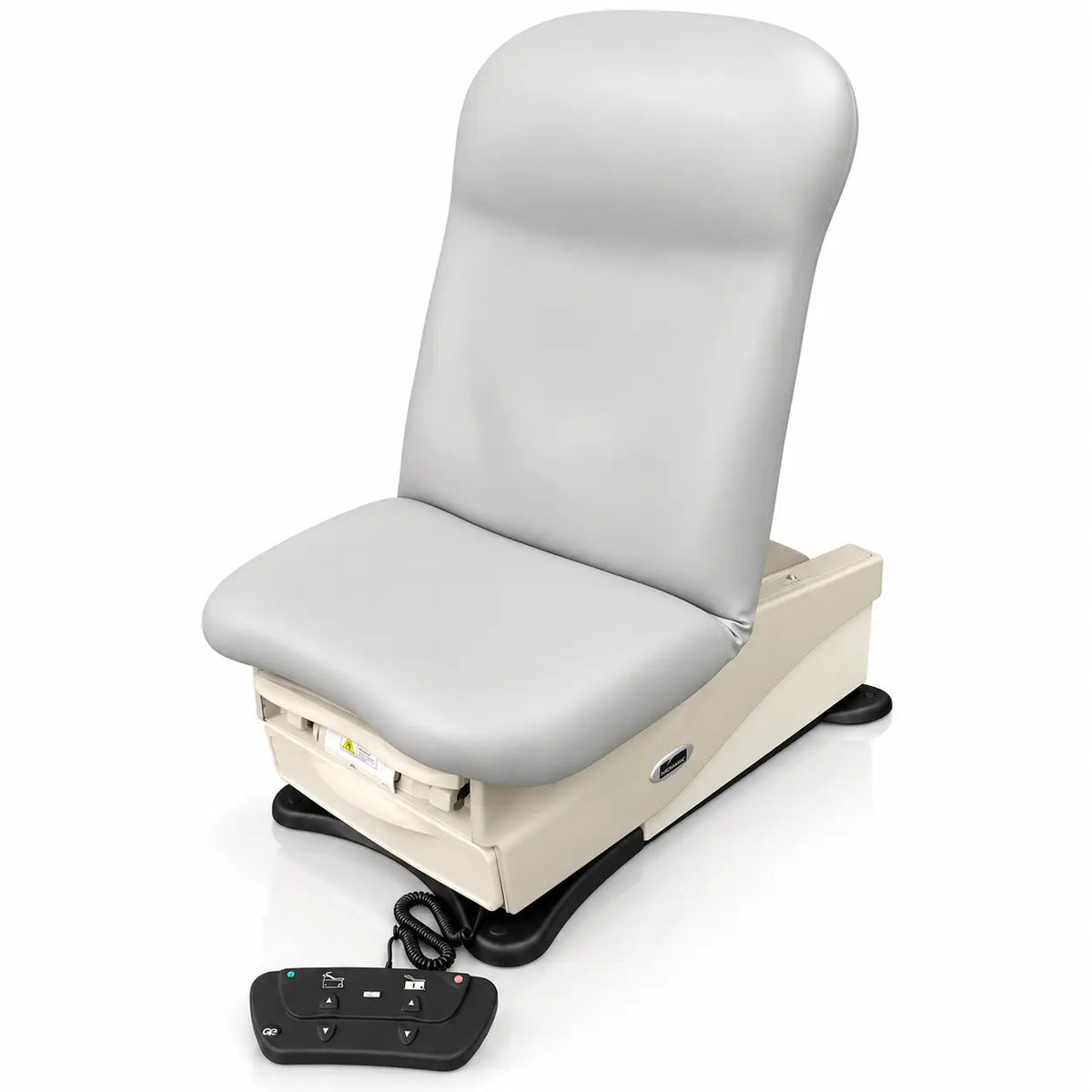 Midmark 625 barrier-free power exam table with gray upholstered examination chair beige base and wired control unit