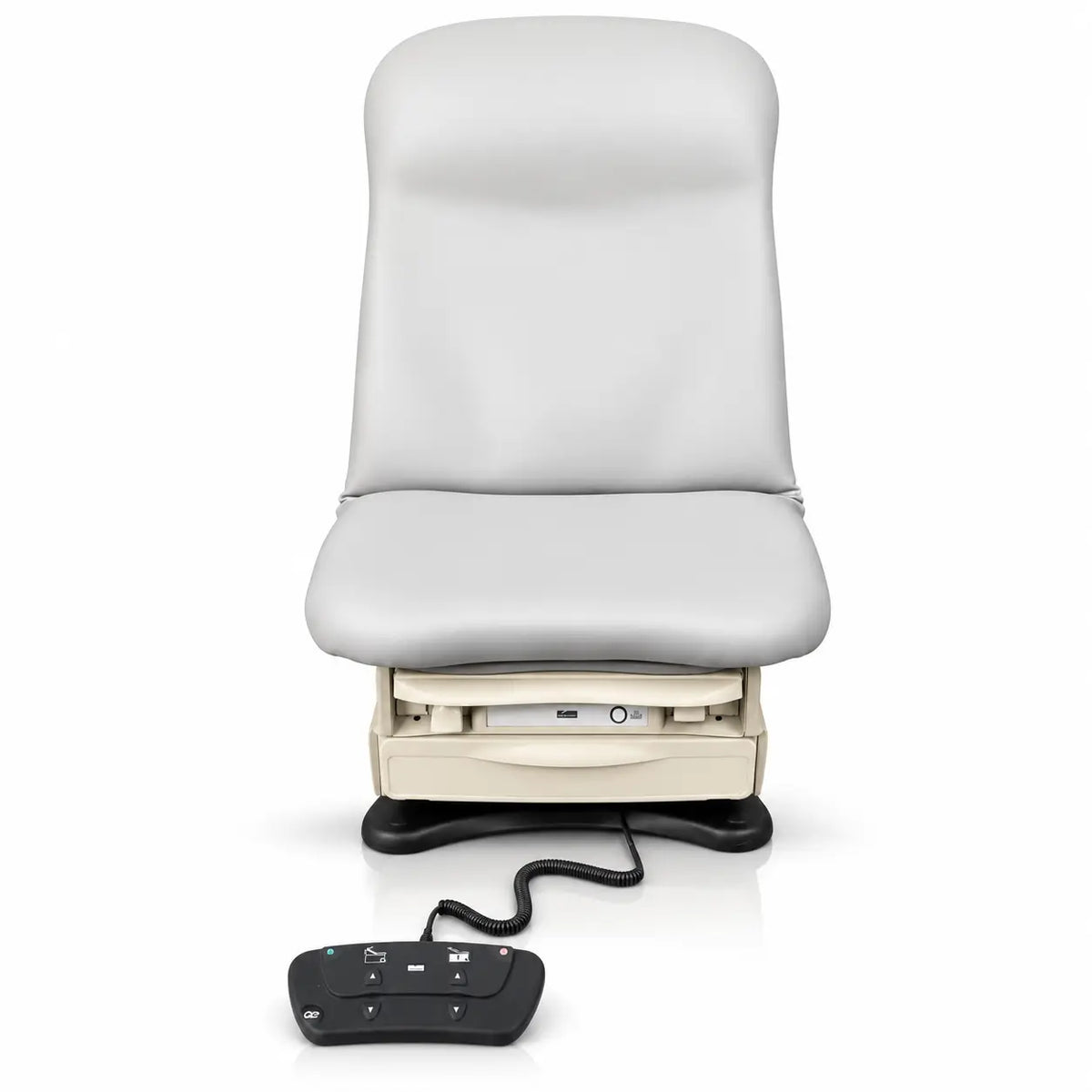 A sleek light gray upholstered Midmark 625 examination table with beige base and wired control for medical exams