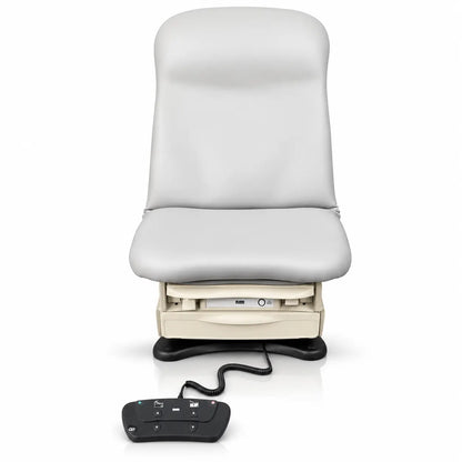 A sleek light gray upholstered Midmark 625 examination table with beige base and wired control for medical exams