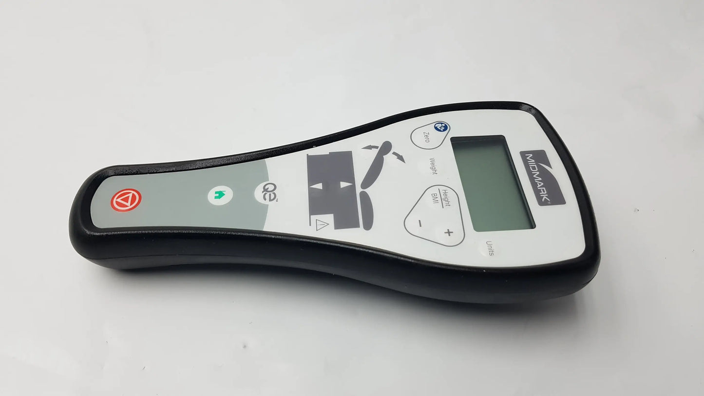 Midmark Qe wireless hand remote control with black and gray casing, small screen, and colored buttons for remote control use