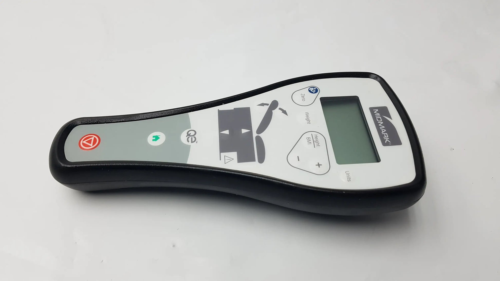 Midmark Qe wireless hand remote control with black and gray casing, small screen, and colored buttons for remote control use