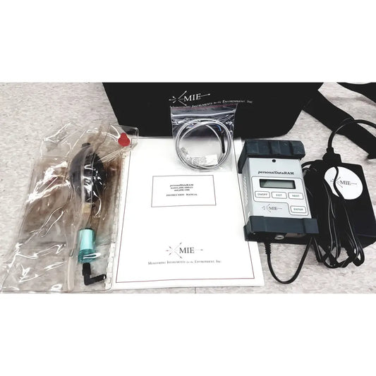 Black and gray mie personal dataram environmental monitor with digital display and labeled buttons for real-time aerosol tracking