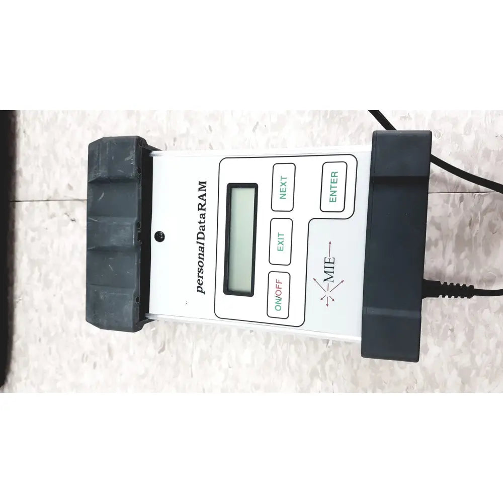 Mie personal dataram real-time aerosol monitor with white body, black rubber grips, digital screen, and green navigation buttons