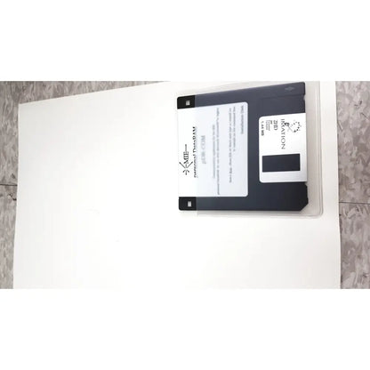 Black 3.5-inch floppy disk with white label and clear case branded personal dataram for mie personal dataram monitor