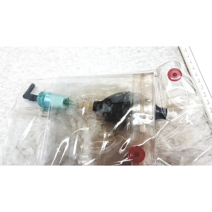 Clear plastic bag with red grommets containing black and teal mie personal dataram real-time aerosol monitor device