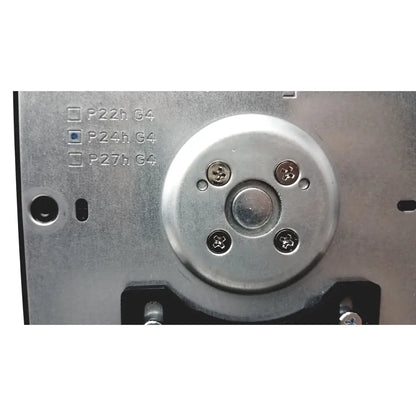 Silver circular metal plate with four screws and central button marked p24h g4 on the back of milky way cx p24h g4 monitor stand