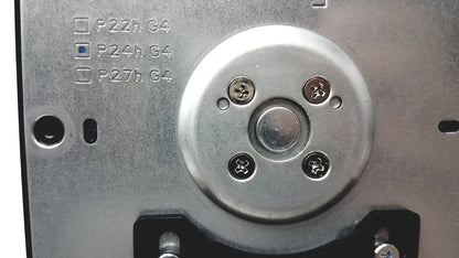 Silver circular metal plate with four screws and central button marked p24h g4 on the back of milky way cx p24h g4 monitor stand