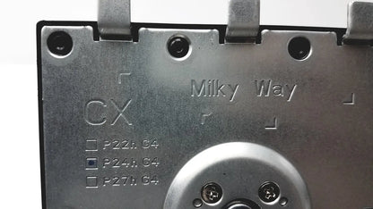 Silver metallic p24h g4 monitor stand with engraved cx and milky way featuring three power options grid layout