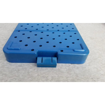 Blue plastic mitek products 215000 sterilization instrument tray with hinged lid and perforated surface for sterilization instrument use
