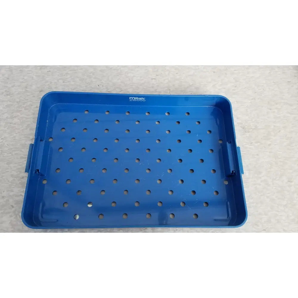 Blue plastic mitek products sterilization instrument tray with circular holes and side handles for sterilization use