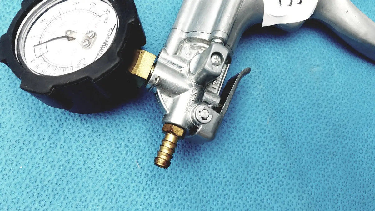 Silver air blow gun with black pressure gauge and brass fittings from mityvac mv8500 elite automotive kit