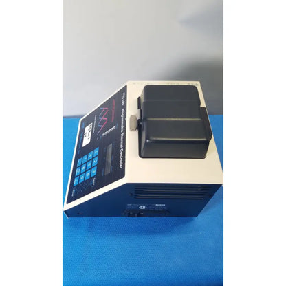 Beige and blue mj research ptc-100 programmable thermal controller with black lid labeled pcr-450 thermal cycler