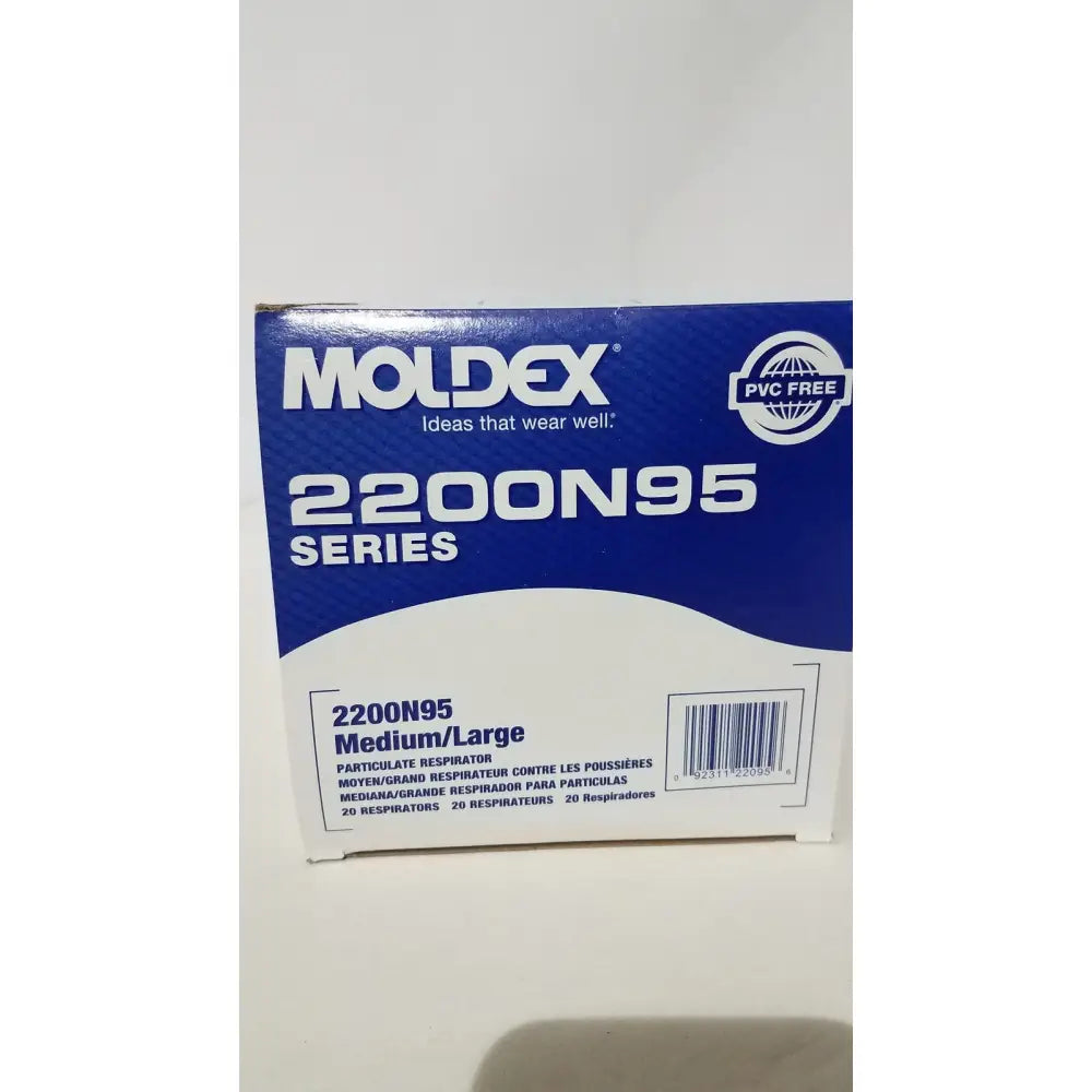Blue and white cardboard box for moldex 2200 n95 particulate respirator medium large genuine oem packaging